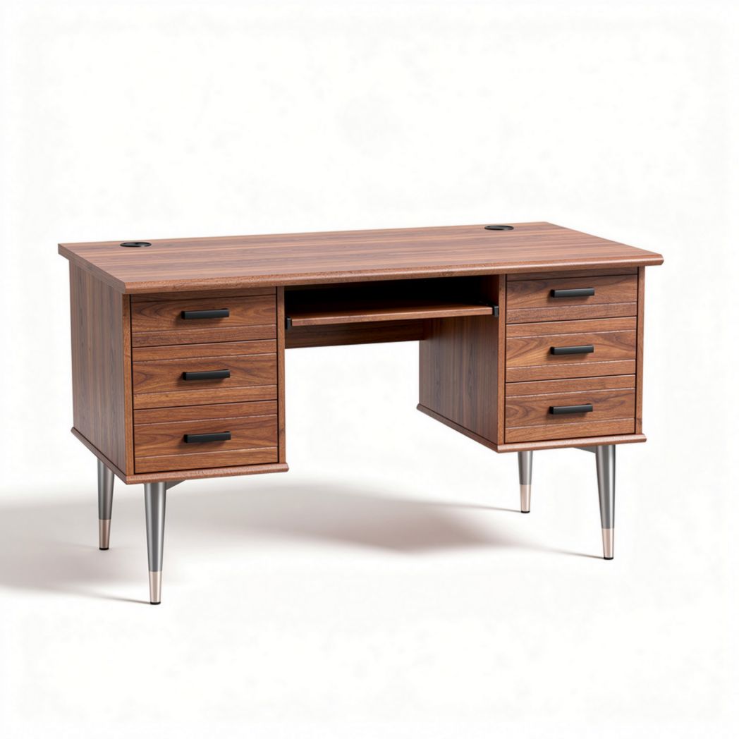 Bureau en bois avec six tiroirs dimensions 120 x 60 x 75 cm finition noyer