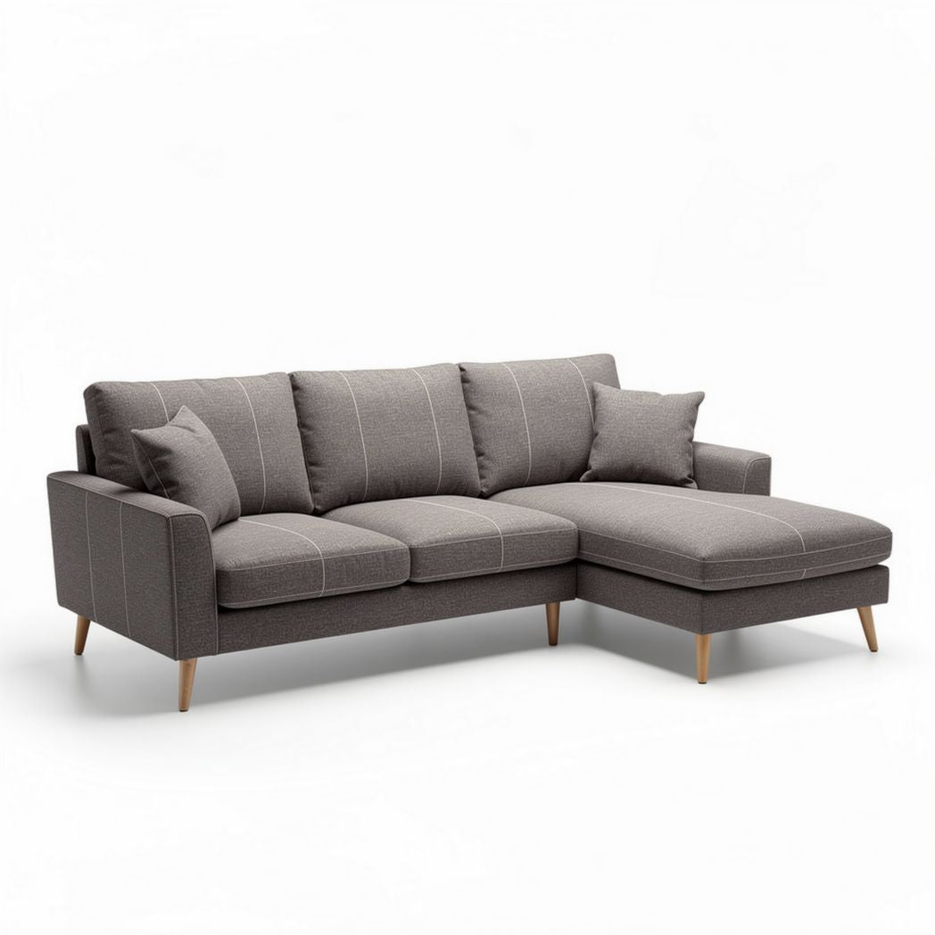 Canapé d'angle en tissu gris avec coussins et structure en bois 230 x 150 x 85cm